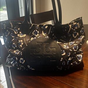 Tory Burch Black and Blue Floral Tote